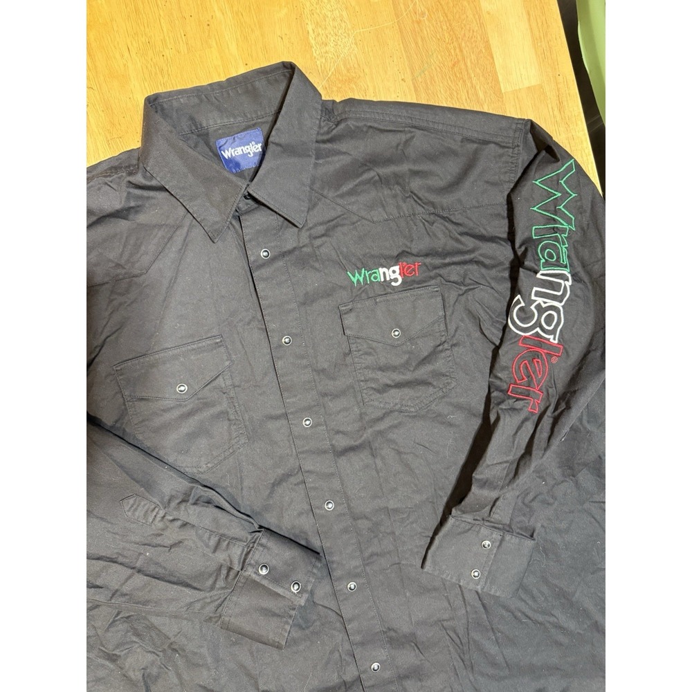 Wrangler Shirt Mens XXL Black Western Snap Sleeve Spellout Mexican Flag Colors
